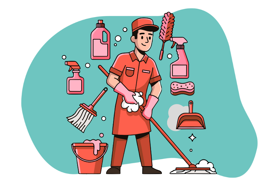 Tita Kleans employee using different equipment and solutions for our deep cleaning service.