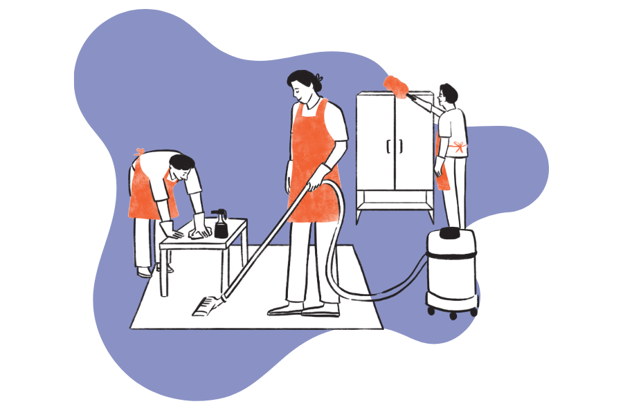 Tita Klean employees dusting a closet, using an extractor on a carpet, and wiping a table.