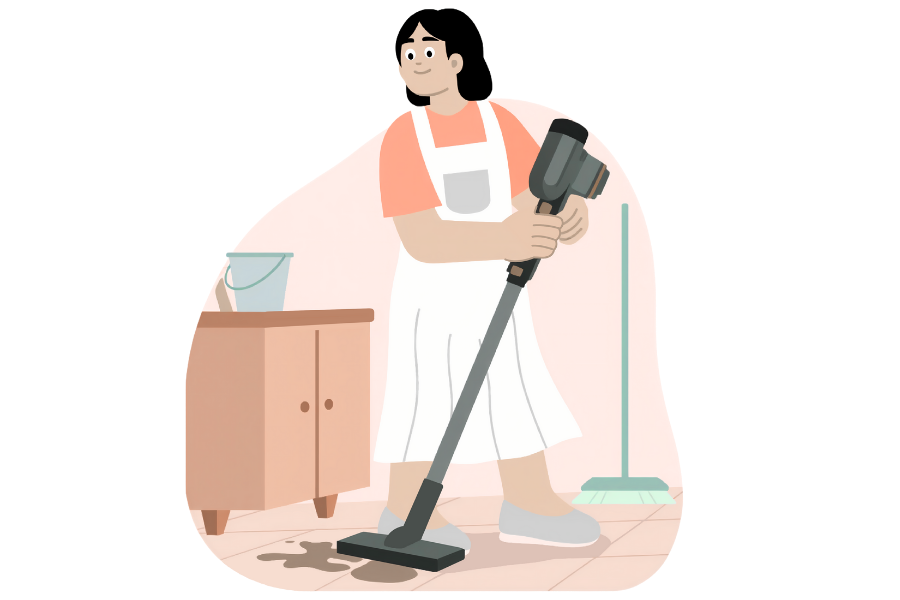 A graphic of a Tita Kleans employee using an extractor to clean the floor of coffee.