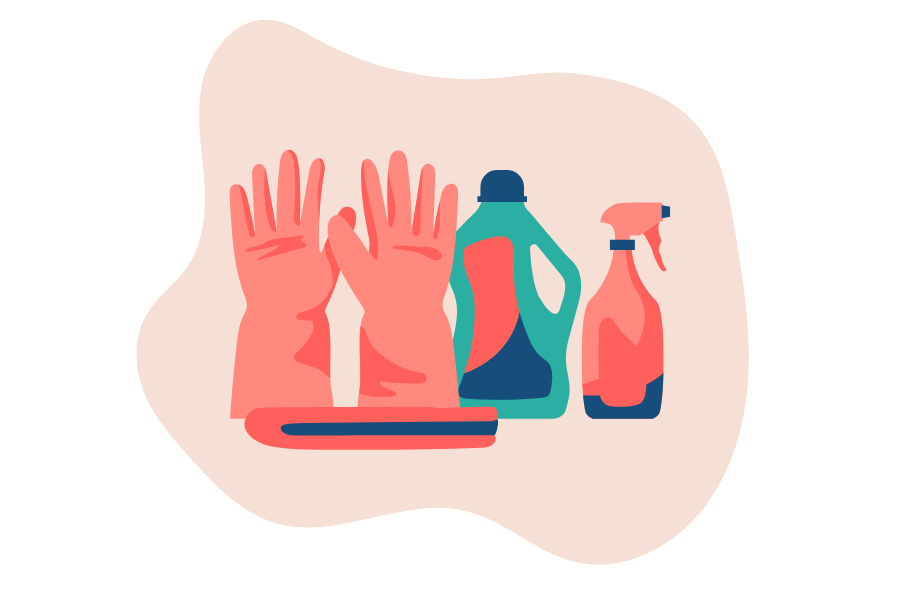 Clean solutions and gloves for sanitization.