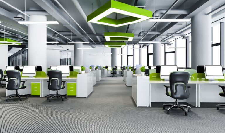 Office carpet just cleaned using a vacuum, extractor, and a steamer.