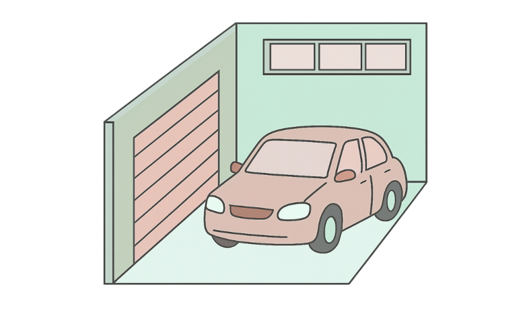 A car inside a garage that's just been pressure washed.