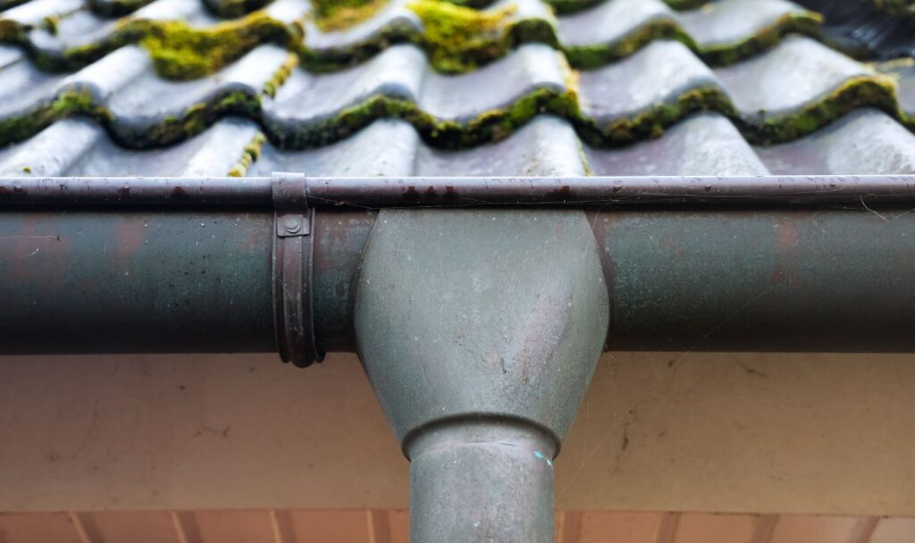 Dirty gutter outlet before the gutter cleaning service.