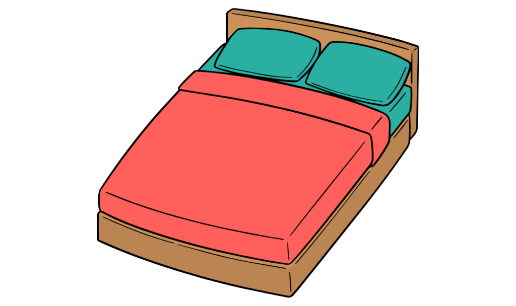 A clean mattress with green sheets and a coral blanket after our upholstery cleaning.