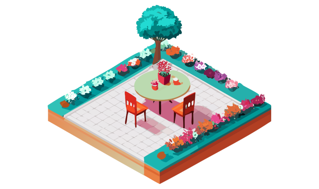 A clean patio with a table and two chairs at the middle.