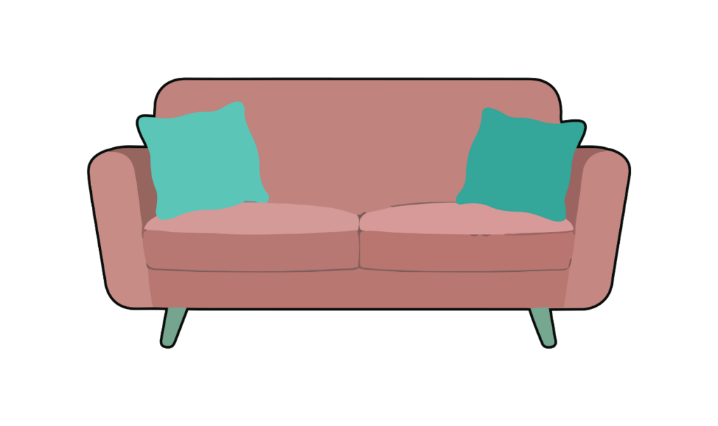 A clean brown sofa with green throw pillows after our upholstery cleaning.