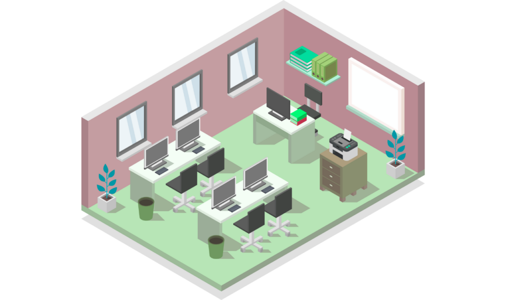 A graphic of newly cleaned work stations at an office.