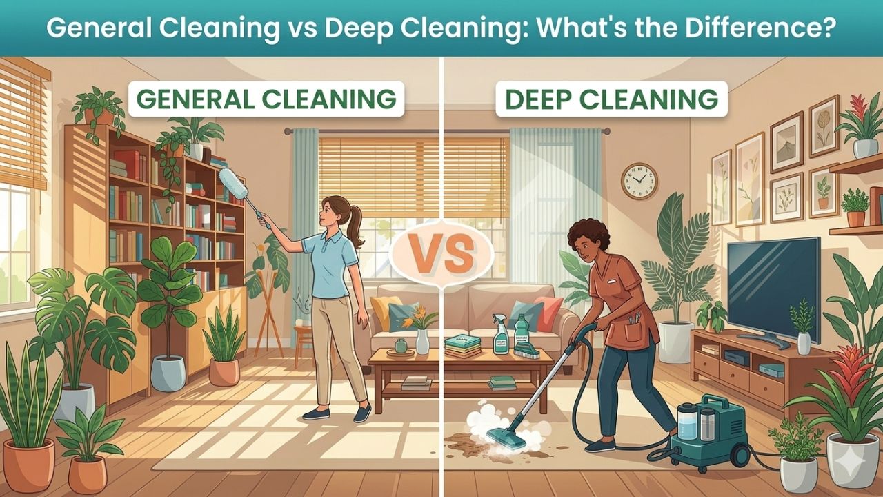 A graphic illustration of two women comparing difference of deep cleaning and general cleaning a home.