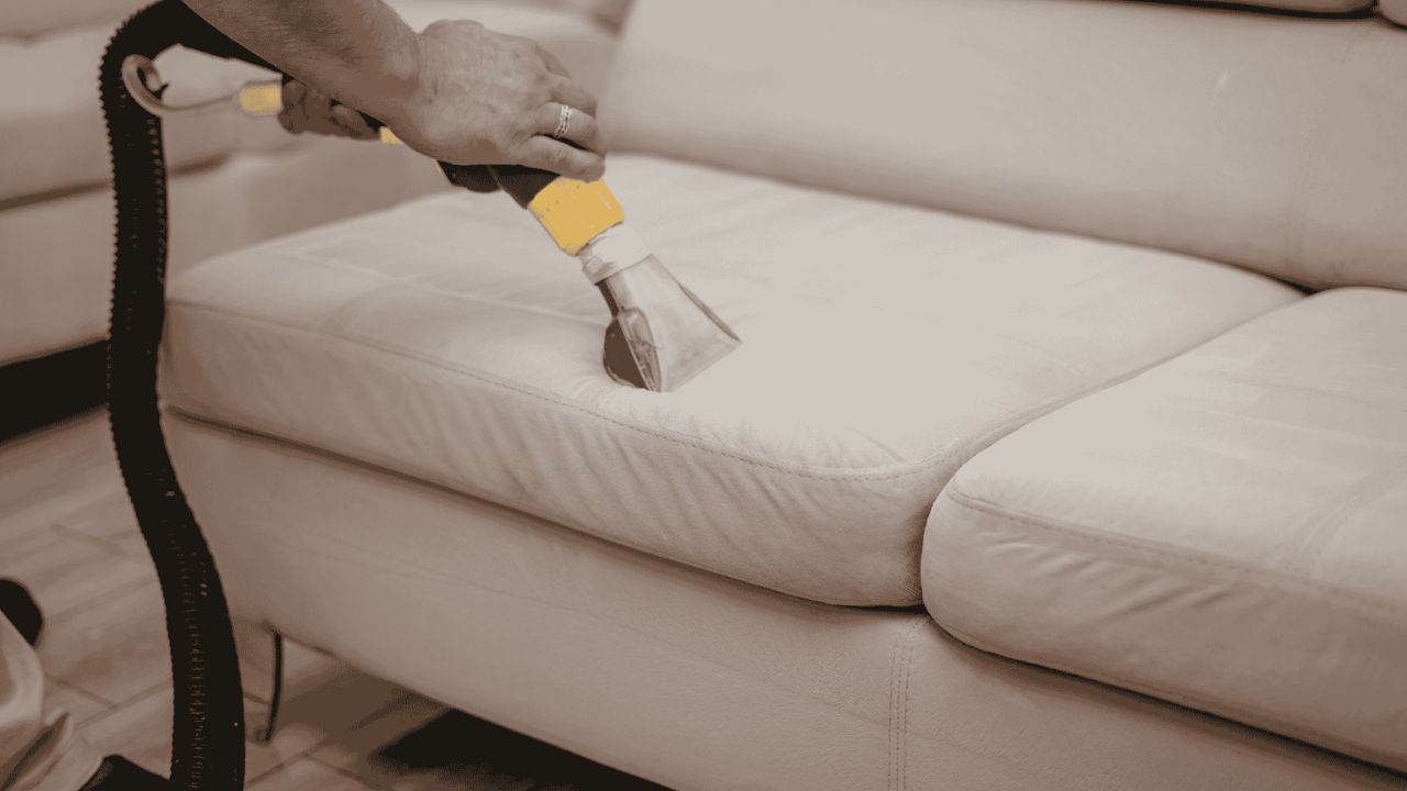Extracting dirt from a sofa using a Karcher extractor.